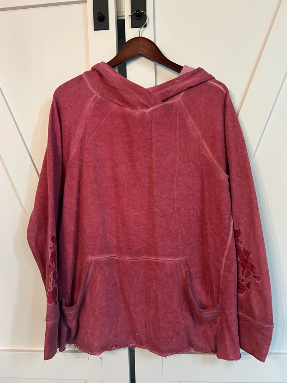 Hummingbird Oversized Washed Rose Pullover Hoodie with Sleeve Embroidery